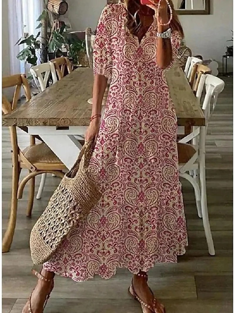 Natalia | Sukienka Maxi Damska Boho Z Dekoltem V Z Krótkim Rękawem Letnia