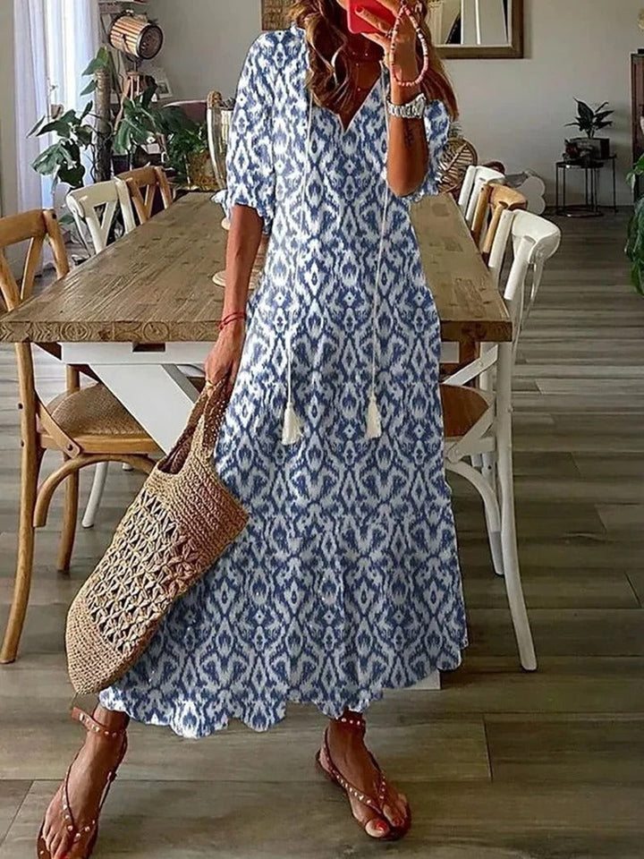 Natalia | Sukienka Maxi Damska Boho Z Dekoltem V Z Krótkim Rękawem Letnia