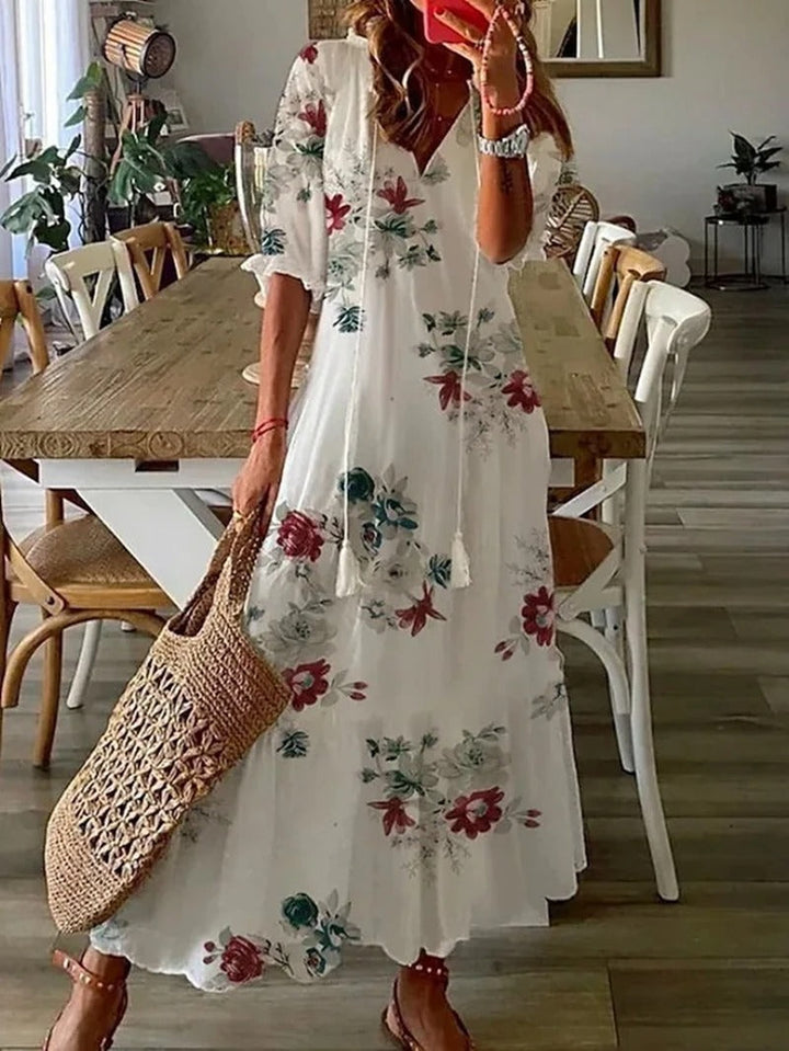 Natalia | Sukienka Maxi Damska Boho Z Dekoltem V Z Krótkim Rękawem Letnia